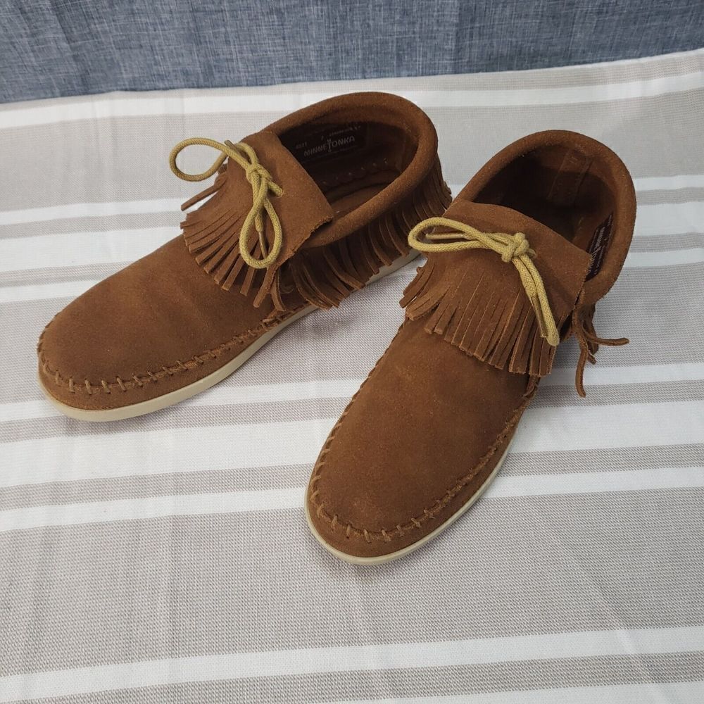 Minnetonka Venice Suede Leather Boho Fringe Bootie Hard SoleBrown Women’s 7